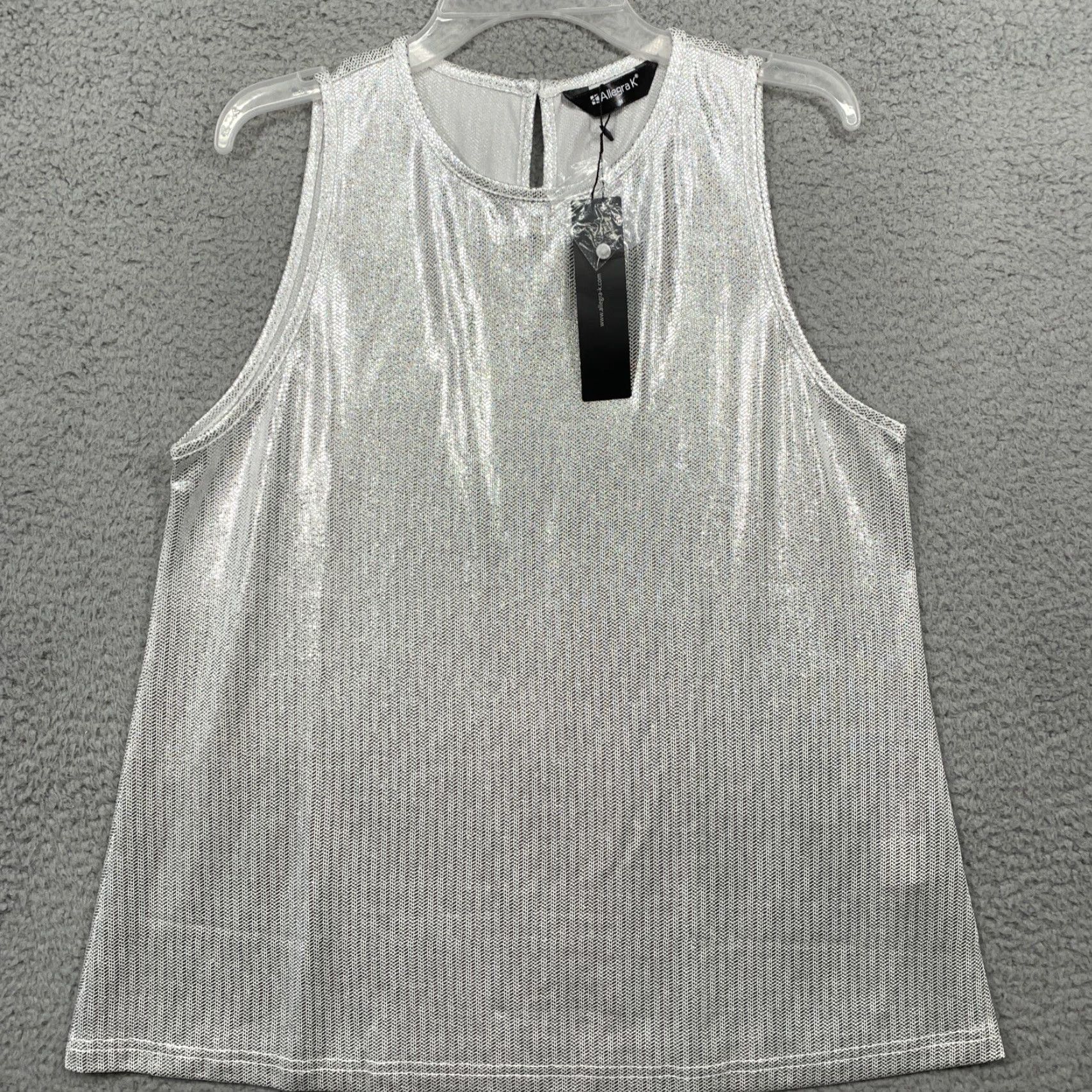 Vintage Allegra K Top Women's M White Silver Shiny 1 Button Closure Machine Washable Tank Blended Polyester Spandex Size M / US 6-8 / IT 42-44 - 4 Thumbnail