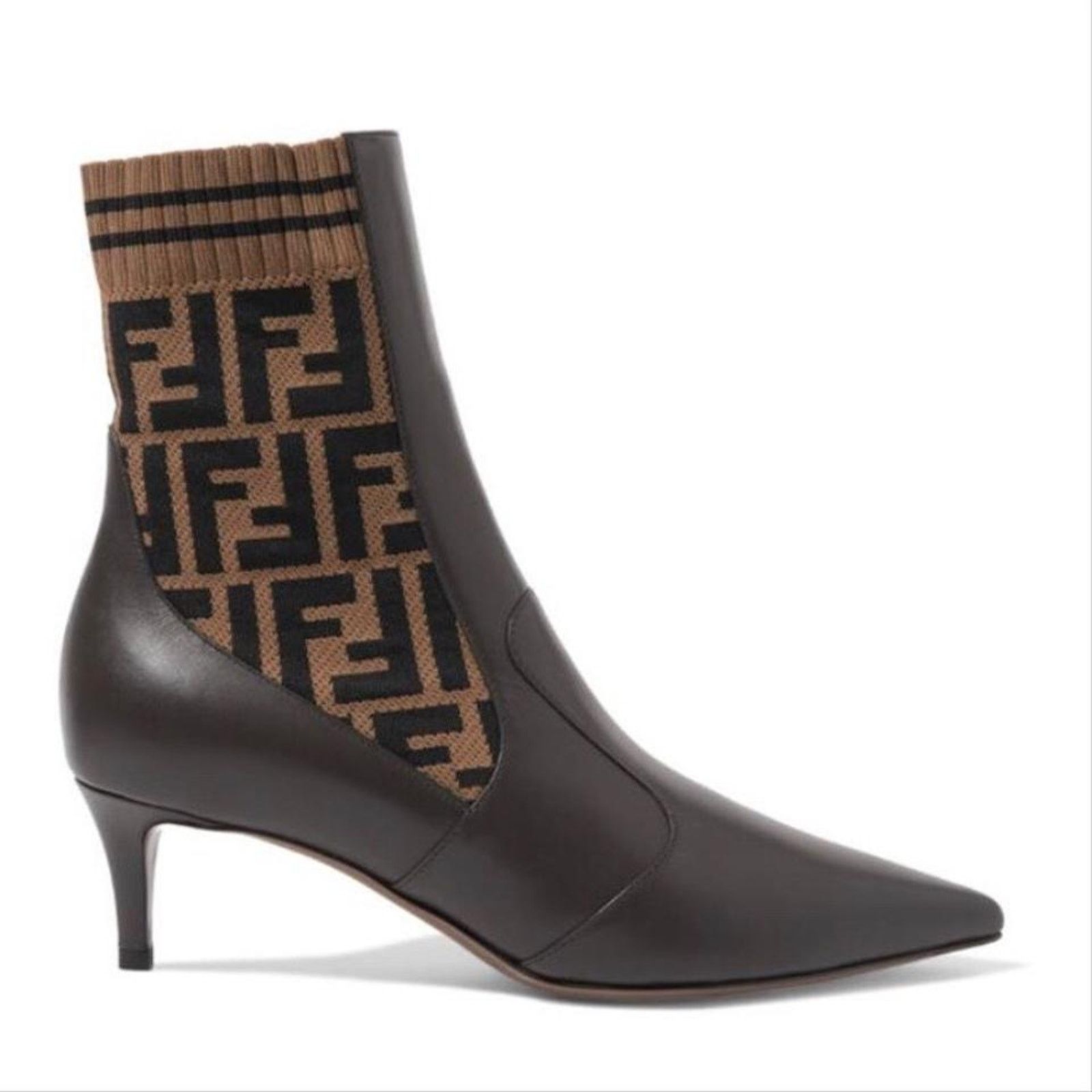 Fendi Rockoko FF logo stretch knit leather heeled ankle boots Size US 7 / IT 37 - 1 Thumbnail