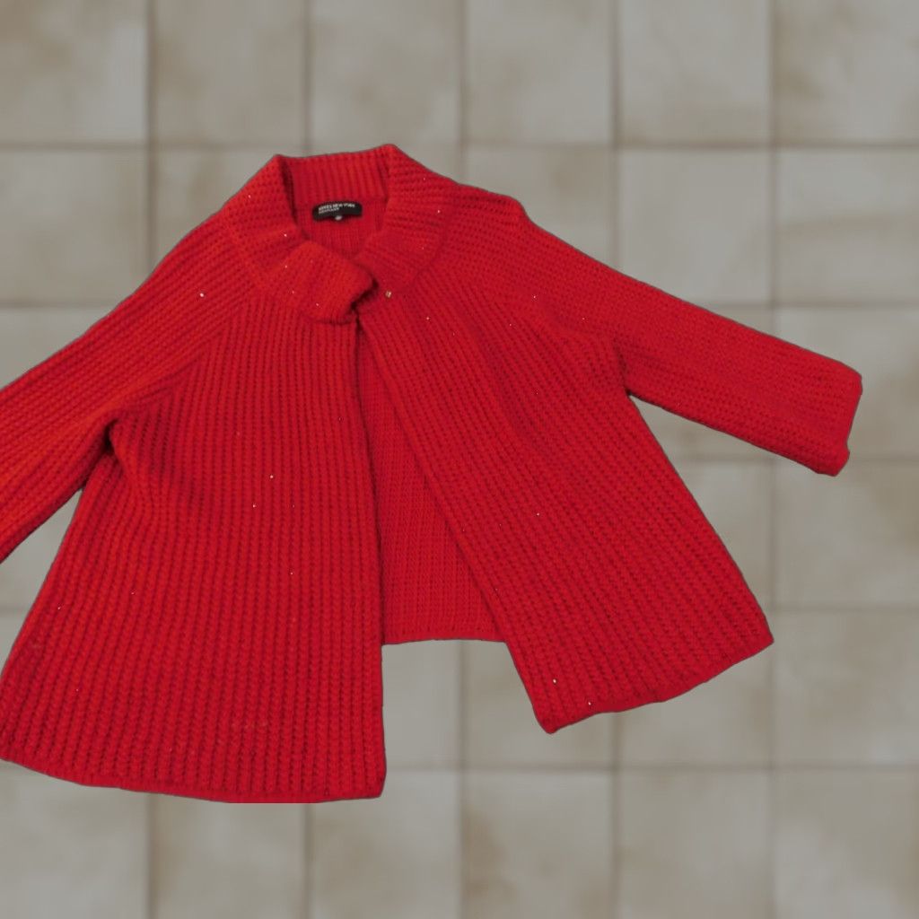 Jones New York Jones New York Sweater Cardigan Large Red Womens Viscose Nylon Beaded Knit Open Mock Neck Raglan Sleeve Modern Size L / US 10 / IT 46 - 1 Thumbnail