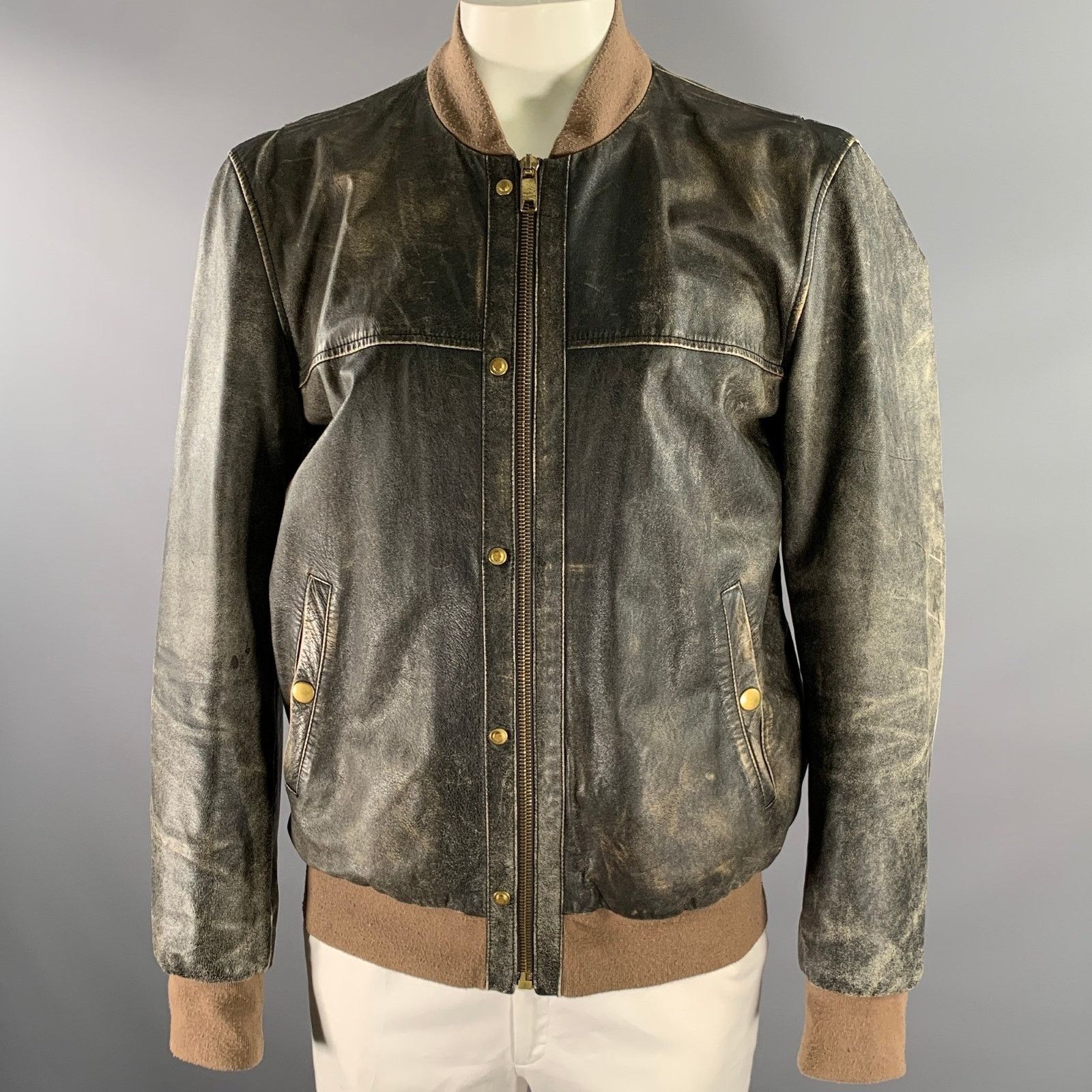 Marc Jacobs MARC JACOBS XXL Black Tan Distressed Leather Bomber Coat Size US XXL / EU 58 / 5 - 1 Thumbnail