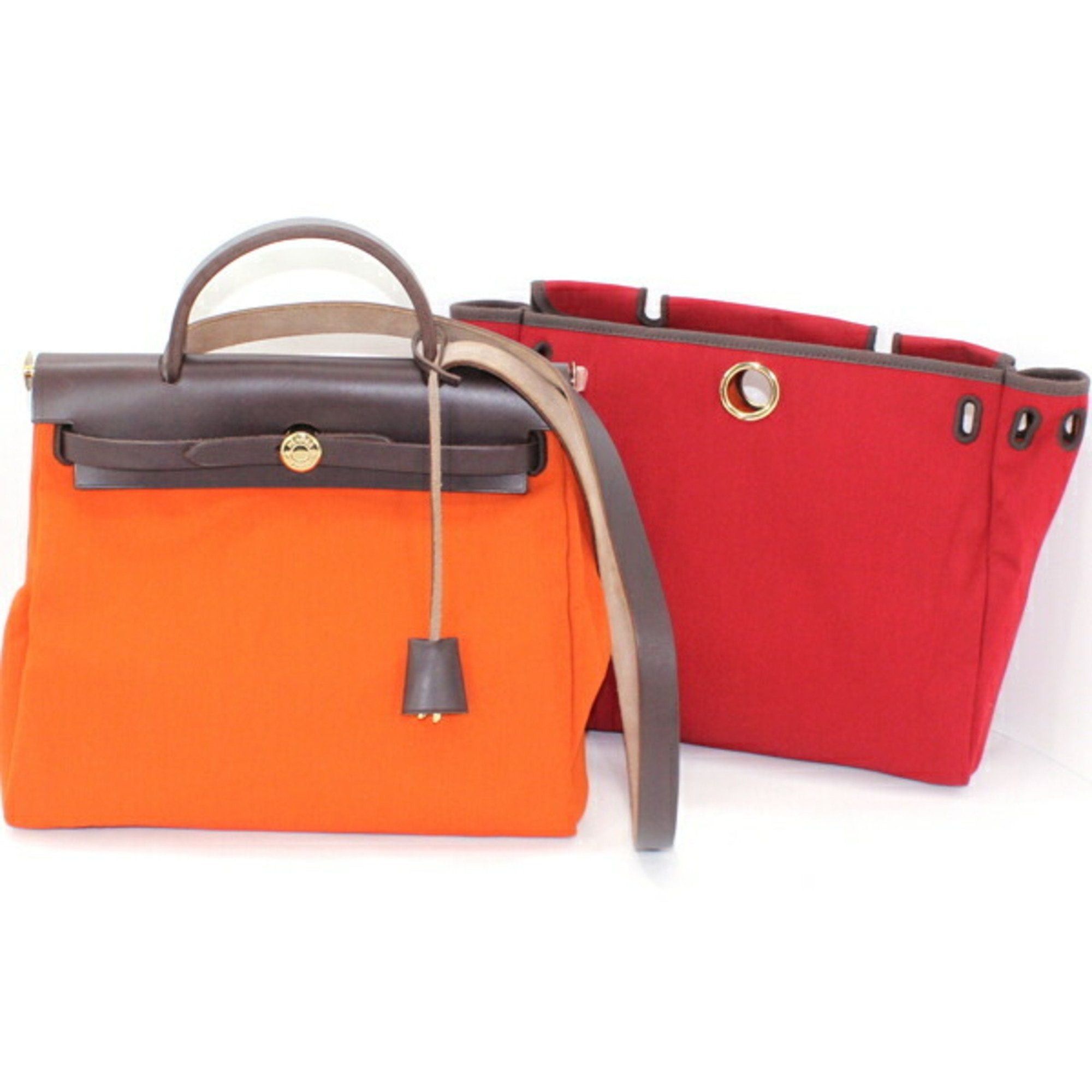 image of Hermes Airbag Pm 2Way Handbag Shoulder Bag Brown Leather Toile Officier Red Orange Padlock Key H En