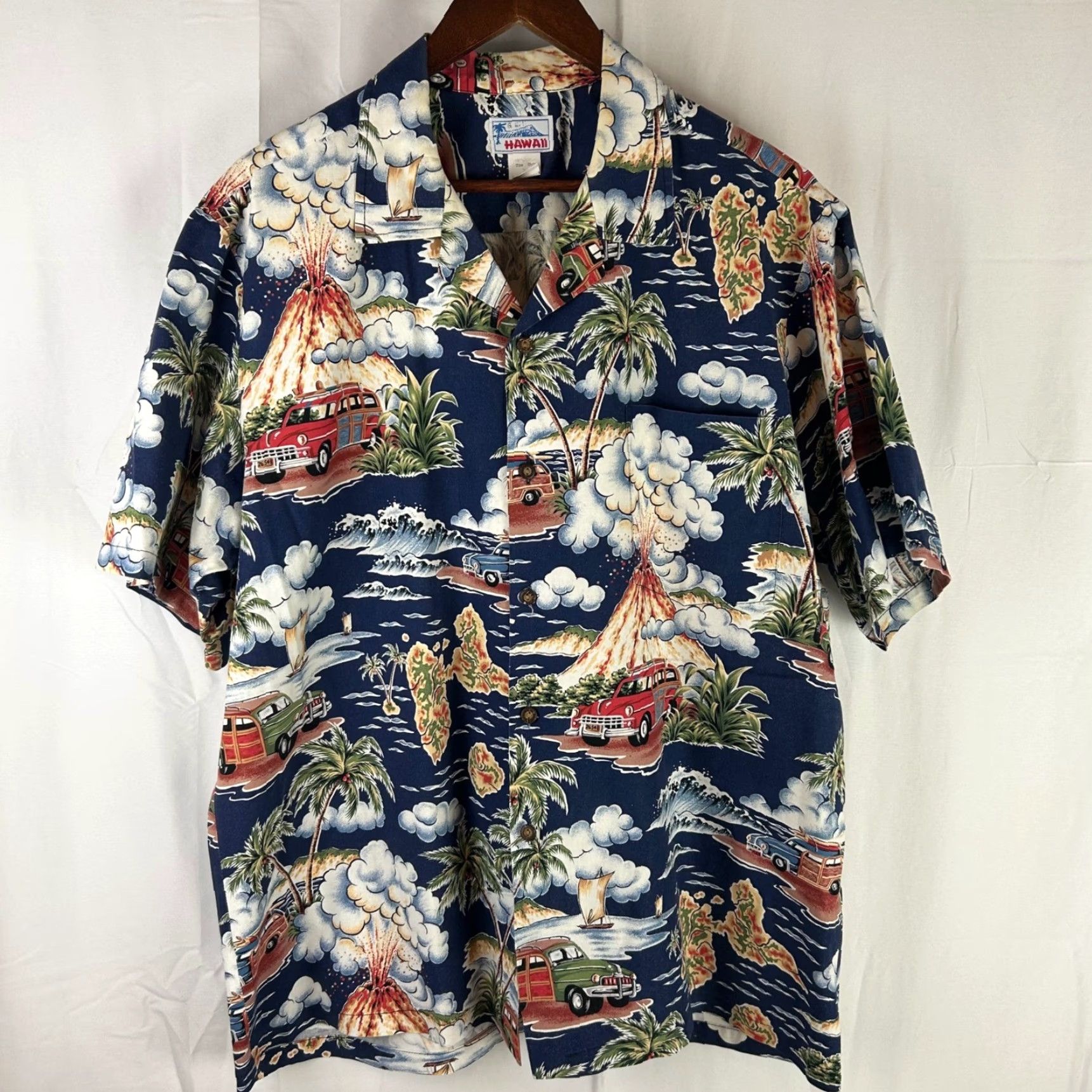 ALOHAS VINTAGE Hawaii Button-Up Shirt Mens XL Navy Blue Volcano Woody Wagon Print Aloha Size US XL / EU 56 / 4 - 2 Thumbnail