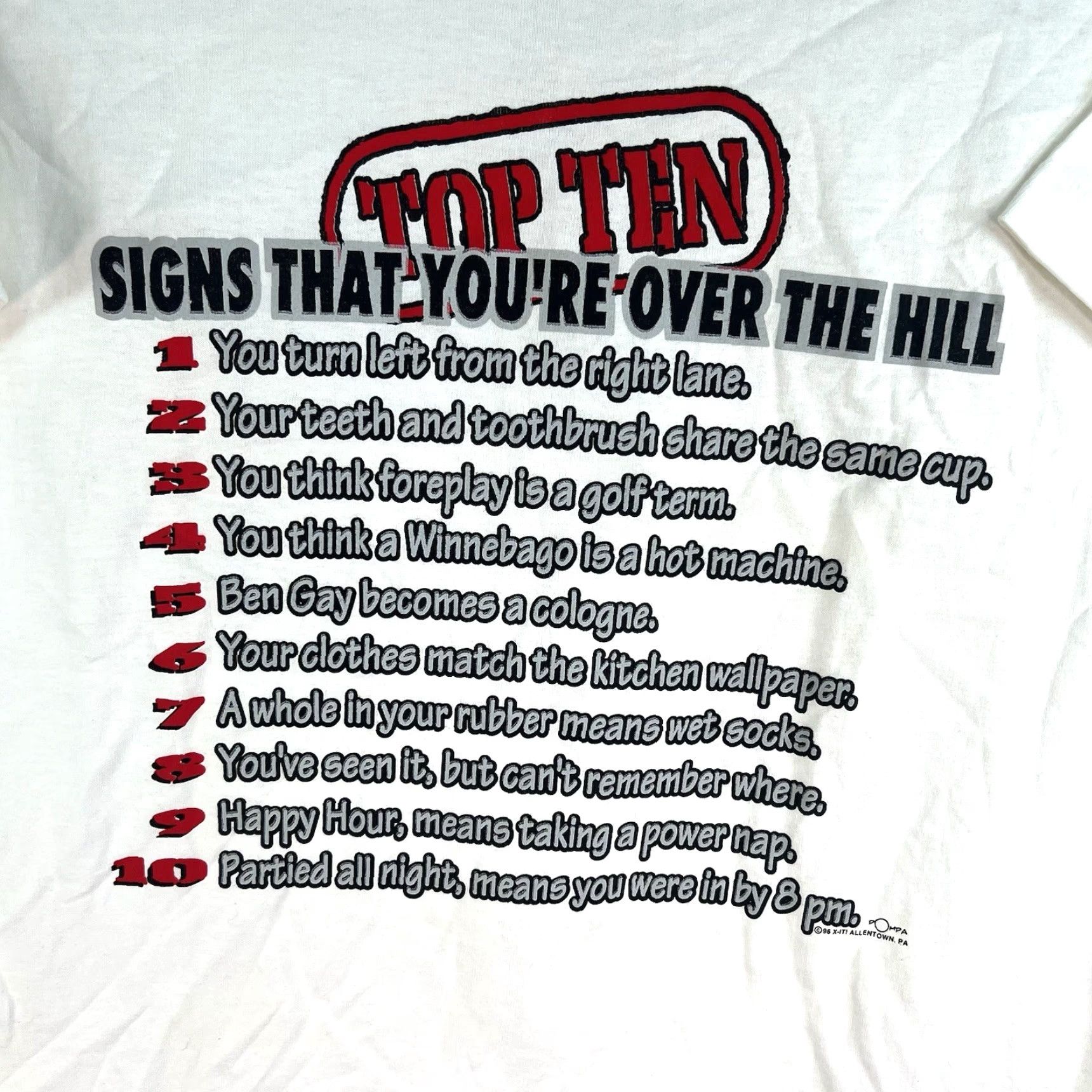 Fruit Of The Loom VINTAGE Top 10 Signs You’re Over The Hill T-Shirt Adult L White 90s USA Funny Shirt Mens Size US L / EU 52-54 / 3 - 2 Thumbnail