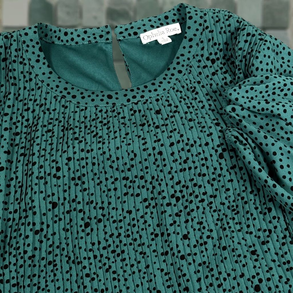 Vintage Ophelia Roe Dress Womens Small Green Black Polka Dot Long Sleeve Pleated Lined Dress Size S / US 4 / IT 40 - 1 Thumbnail