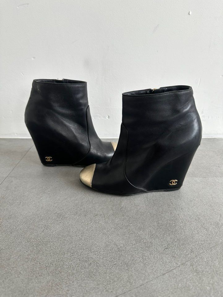 Chanel Chanel Archive CC Logo Black & Gold Cap-Toe Wedge Boots Size US 6 / IT 36 - 1 Thumbnail