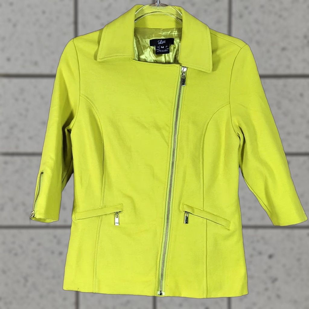Vintage Luii Lime Green Asymmetrical Zip Jacket M Regular Women Pockets Lined 3/4 Sleeves Cotton Blend Front Zip Short Coat/Casual Basic Jacket Size M / US 6-8 / IT 42-44 - 1 Thumbnail