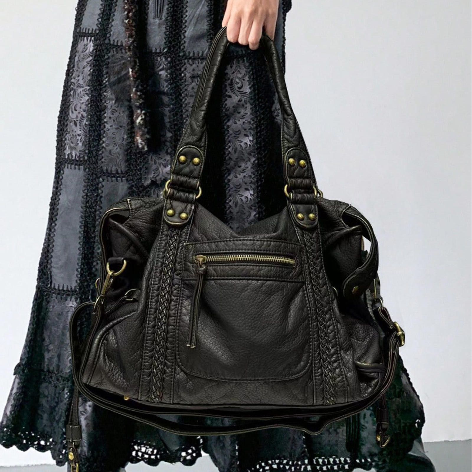 Leather Black Braided Leather Shoulder Bag, Large Handbag Size ONE SIZE - 1 Thumbnail