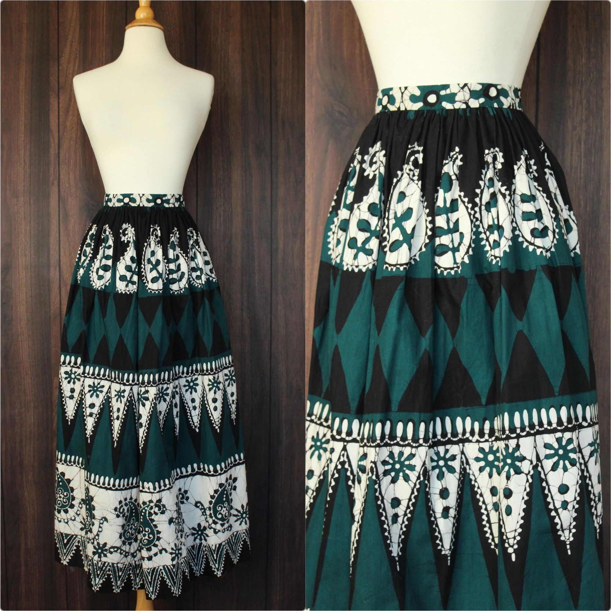Vintage Vintage 1960s 1970s Skirt, Black Teal and White Maxiskirt, B Size 22" - 1 Thumbnail