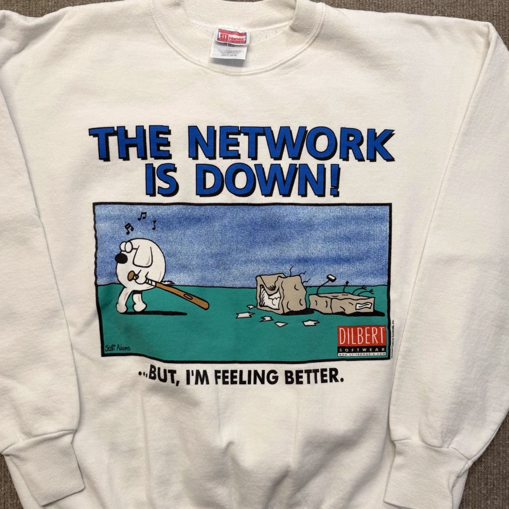 Vintage VINTAGE Dilbert Sweatshirt Mens L 90s Graphic Print White Cotton Blend Fleece Pullover Scott Adams Size US L / EU 52-54 / 3 - 4 Thumbnail