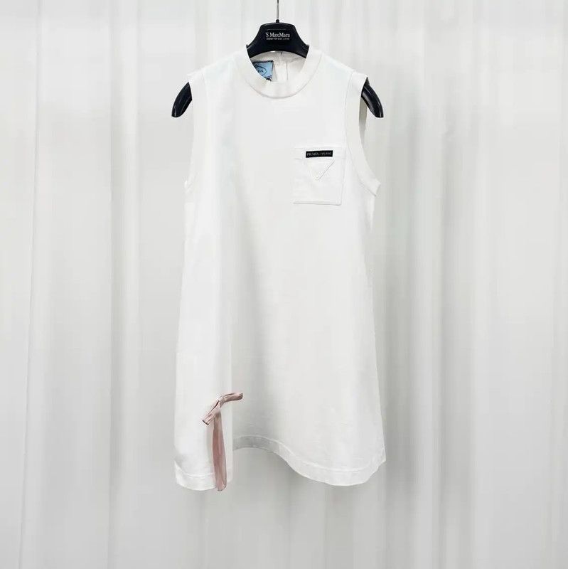 Prada Prada White Cotton Sleeveless Dress for Summer Size L / US 10 / IT 46 - 1 Thumbnail
