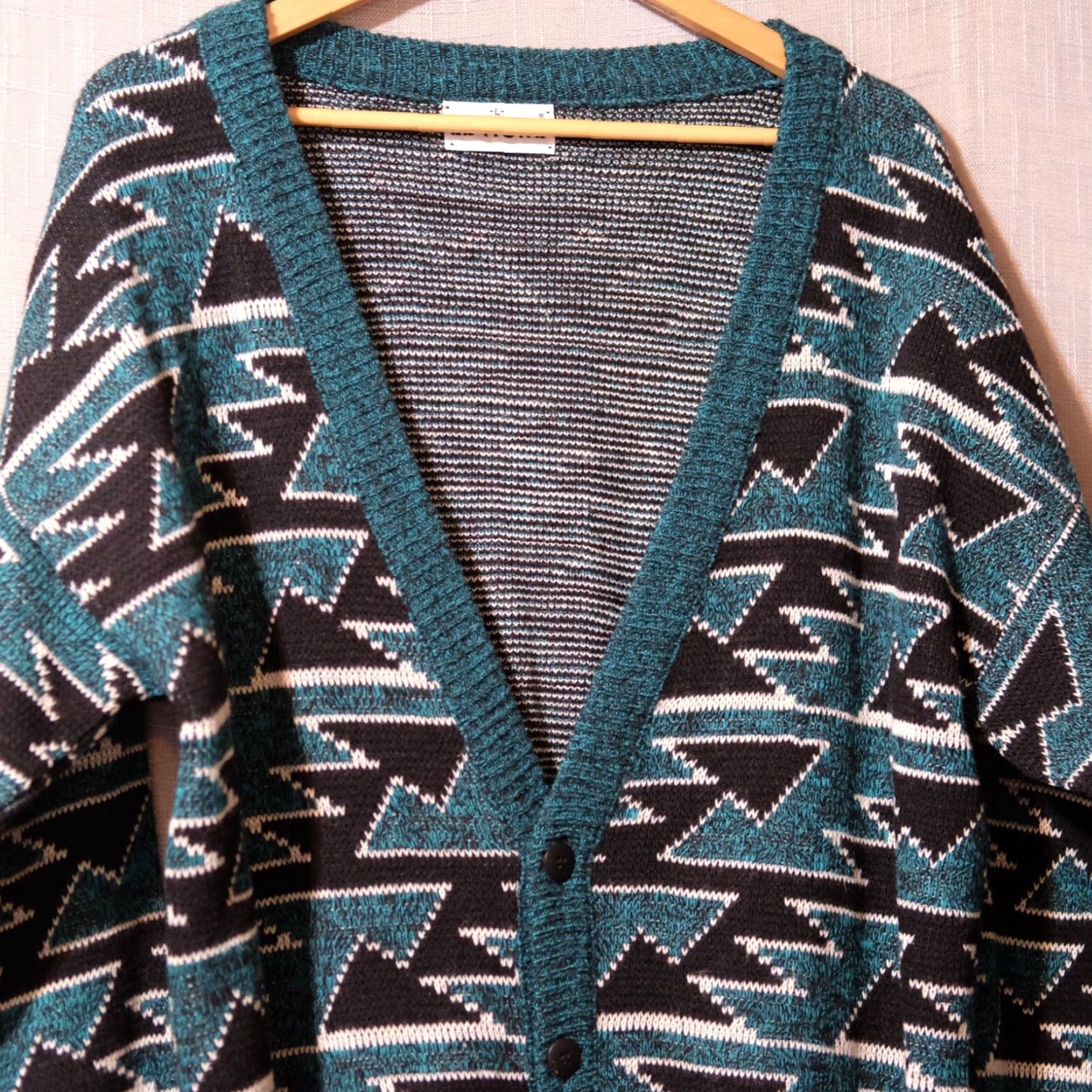 Vintage VINTAGE Le Tigre Cardigan Sweater Men's L Green/Black/White Geometric Knit Long Sleeve V-Neck 1980s/70s Oversized Retro Hipster USA Mens Size US L / EU 52-54 / 3 - 2 Thumbnail