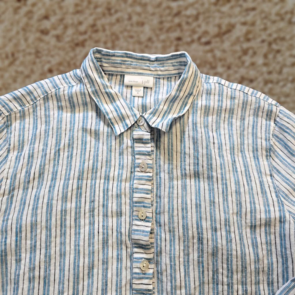J. Jill J. Jill Blouse Womens Medium Blue Striped Linen Button Long Sleeve Collared Shirt Size M / US 6-8 / IT 42-44 - 1 Thumbnail