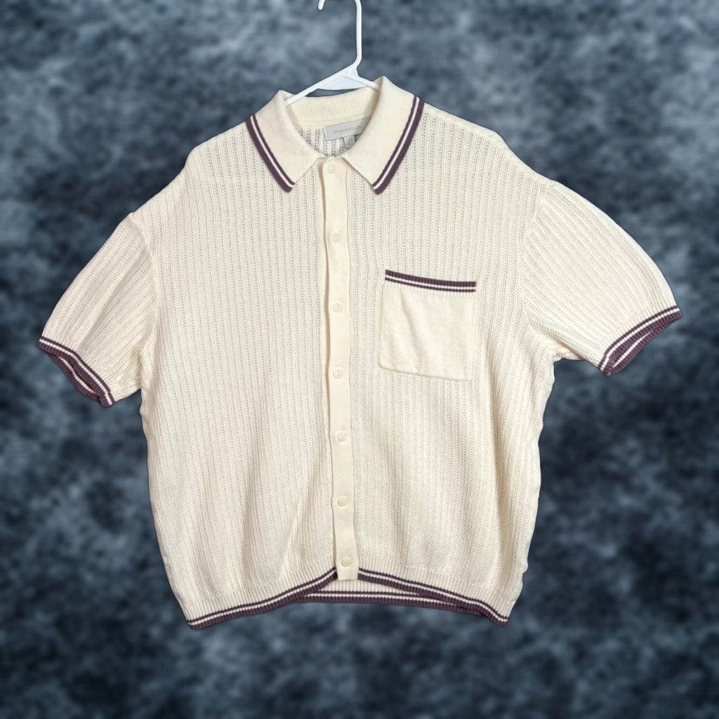 CLOT Standard Cloth Shirt Short Sleeve Ivory Knit Button-Up Burgundy Trim Mens Small Casual 90s? Size US S / EU 44-46 / 1 - 1 Thumbnail