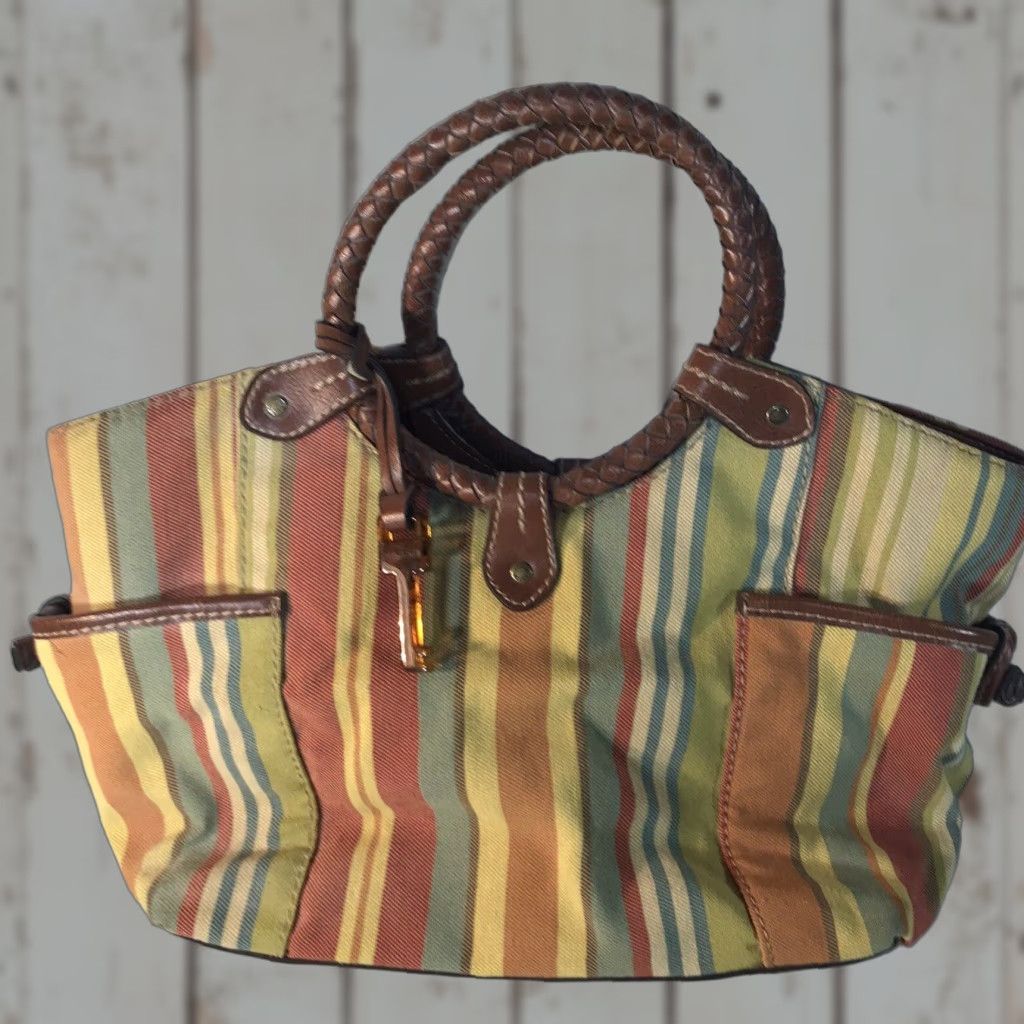 Fossil FOSSIL Women Satchel Bag Medium Rainbow Striped Canvas Leather Trim Casual Travel Workwear Size ONE SIZE - 1 Thumbnail