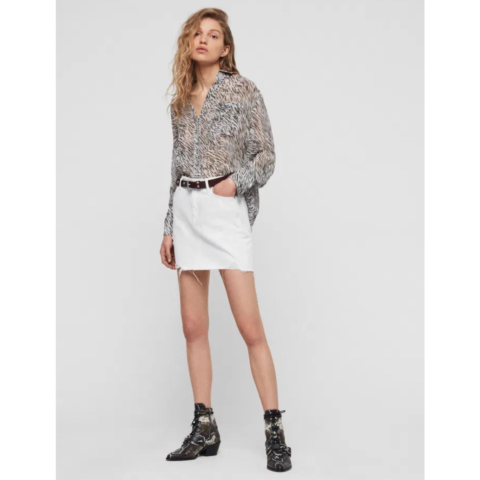 All Saints Women Betty Denim Skirt White Size 10UK 6US
