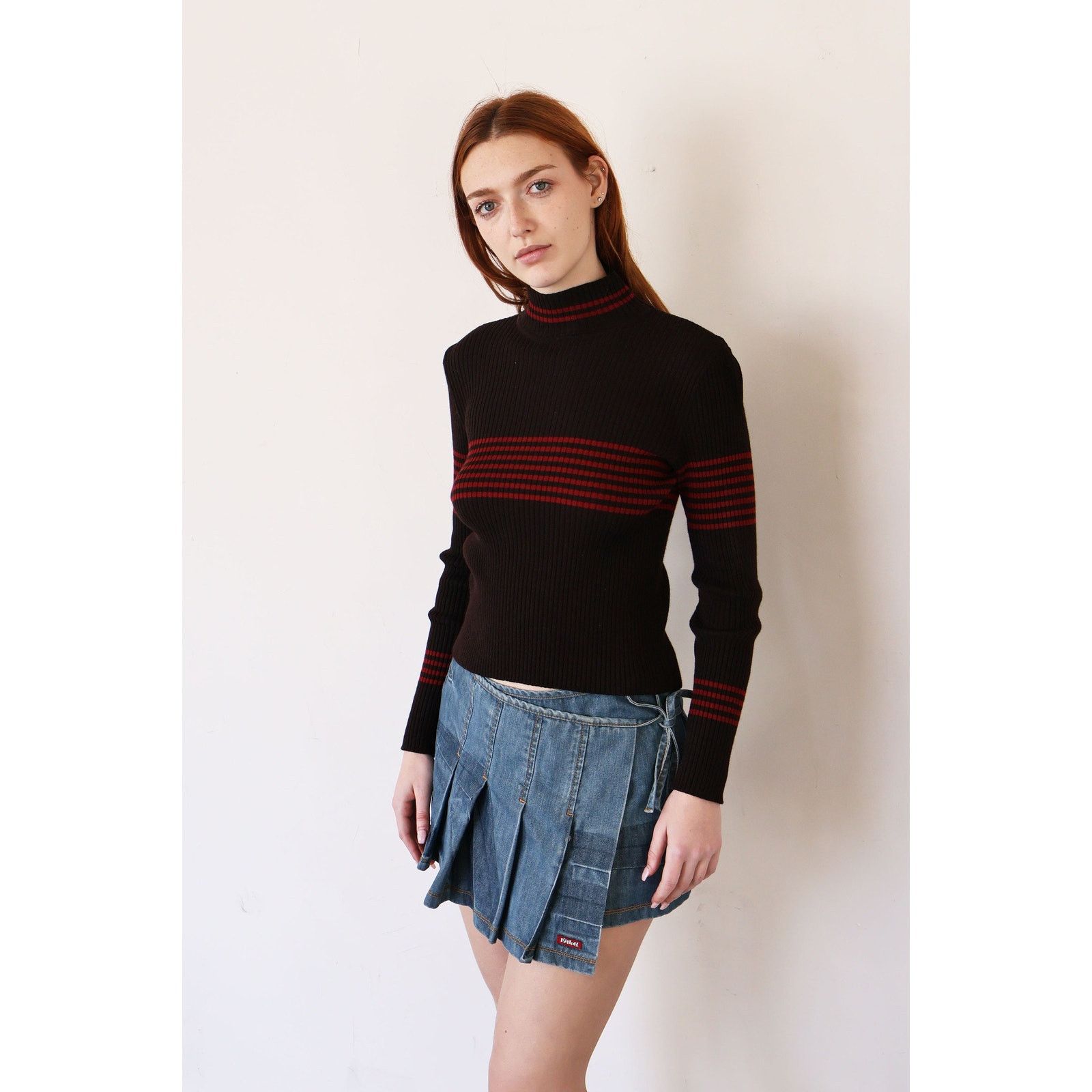 Celine Vintage CELINE Brown + Red Ribbed Striped Turtleneck Size M / US 6-8 / IT 42-44 - 4 Thumbnail