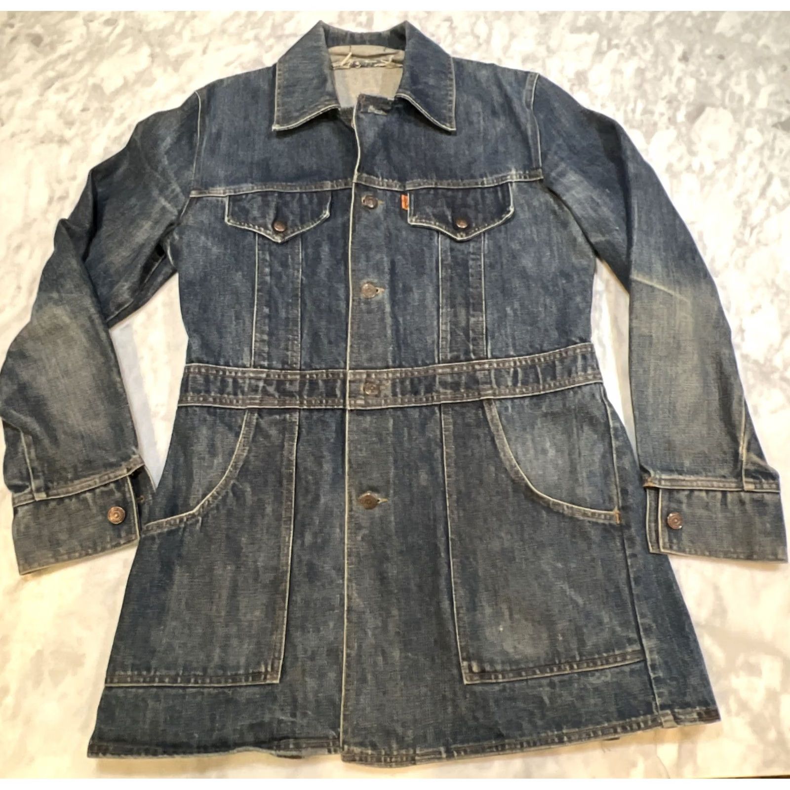 Levi's VINTAGE Levi’s Jacket Men's M Orange Tab Split Tail Chore Long Denim Blue 70s Workwear Size US 31 - 2 Thumbnail