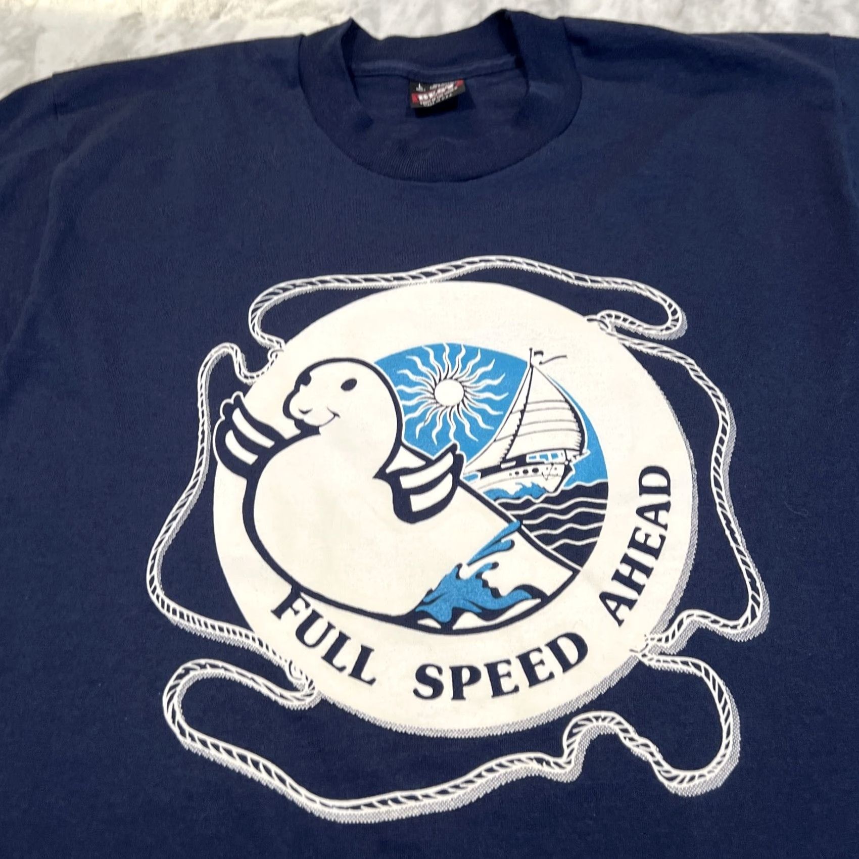Fruit Of The Loom VINTAGE Navy Seal Full Speed Ahead T Shirt Men Large Sailboat Single Stitch Size US L / EU 52-54 / 3 - 2 Thumbnail