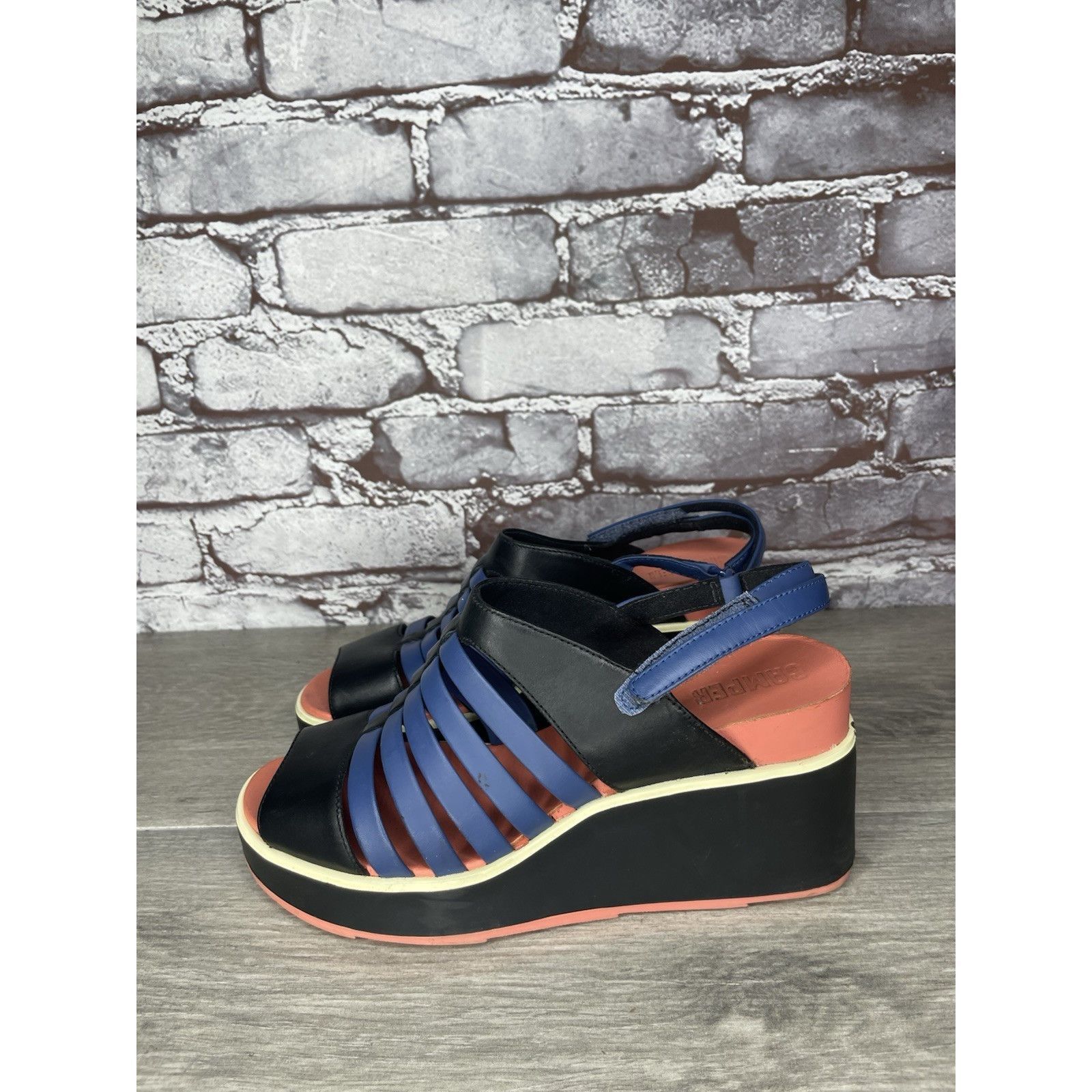 Camper Camper Tropic Black Blue Leather Ankle Strap Wedge Sandals W Size US 5.5 / IT 35.5 - 15 Thumbnail