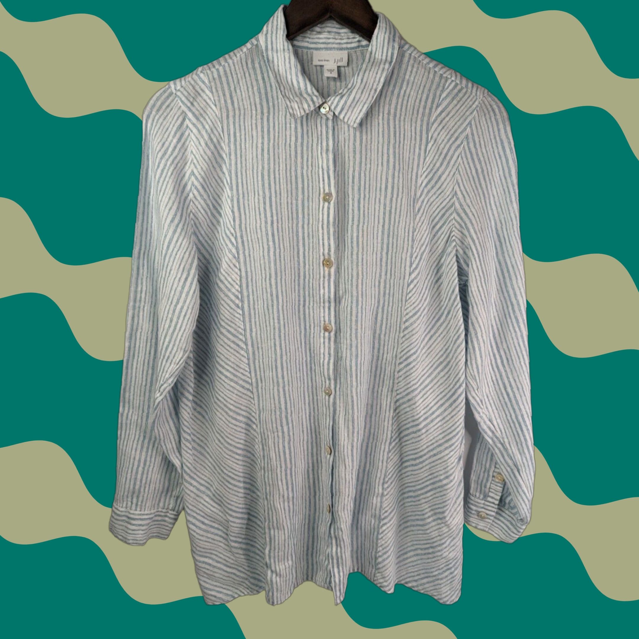 J. Jill J. Jill Button-Up Linen Shirt Long Sleeve Blue Stripe White Love Collection Medium Woman Shirt Top Adult M Size M / US 6-8 / IT 42-44 - 1 Thumbnail