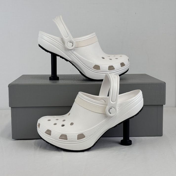 image of Balenciaga x Crocs O1Rshd1 Rubber Crocs Madame Heel Shoes In White, Women's (Size 8)