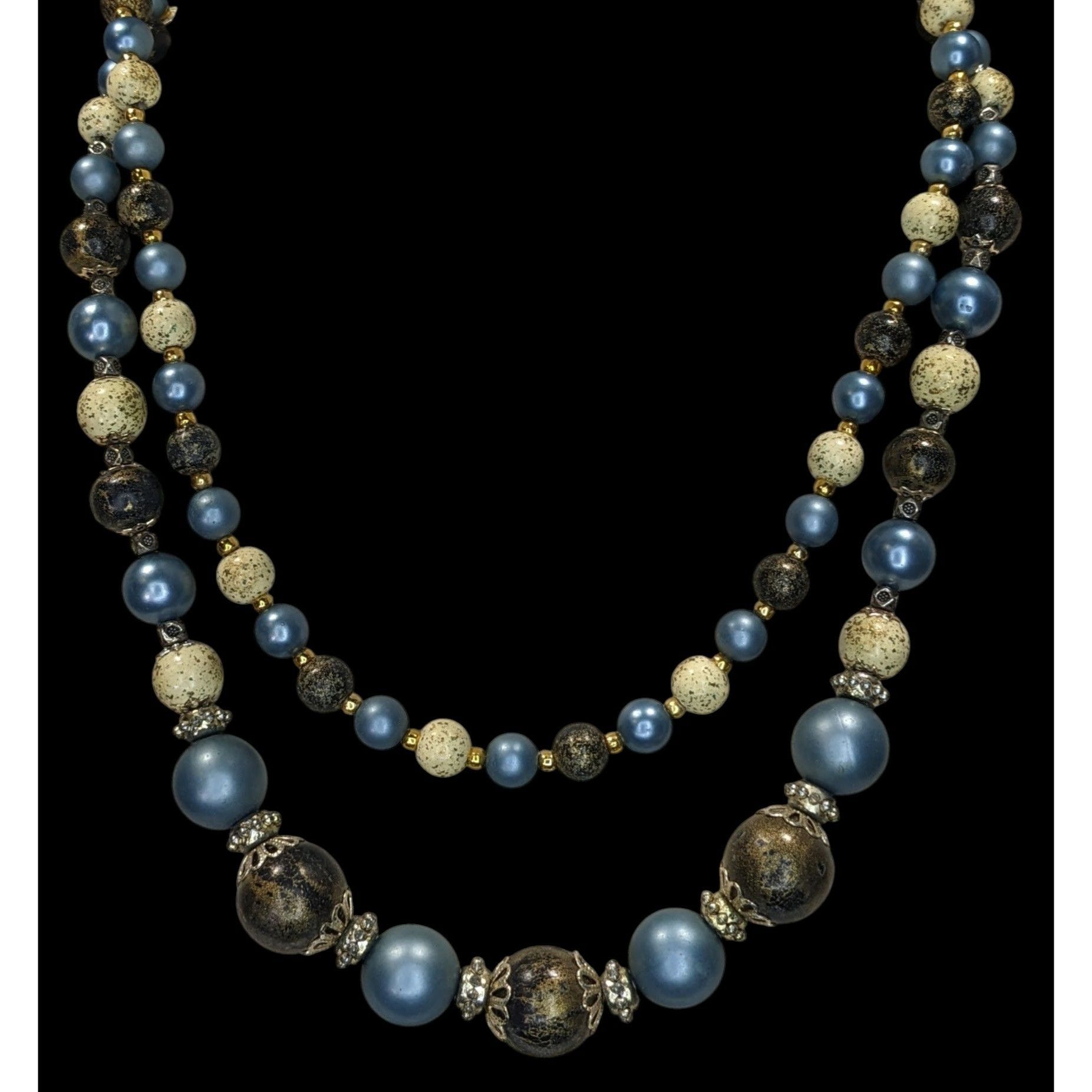 Handmade Vintage Handmade Blue Cream And Gold Double-Strand Beaded Ne Size ONE SIZE - 5 Thumbnail