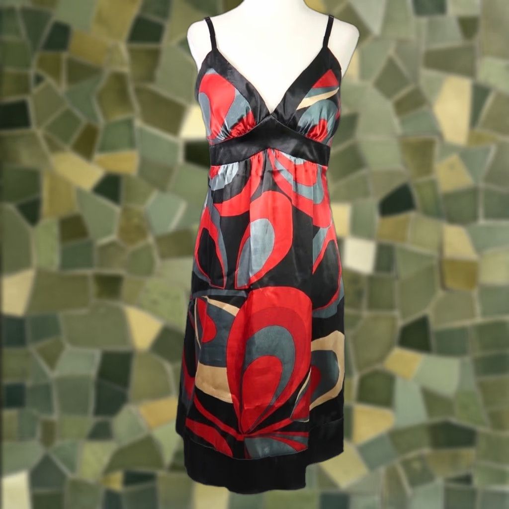 VINTAGE Halo Dress Mini Dress Geometric Satin Sleeveless V-Neck M Women 90s Black Red Abstract Swirl scarf print Party/Cocktail