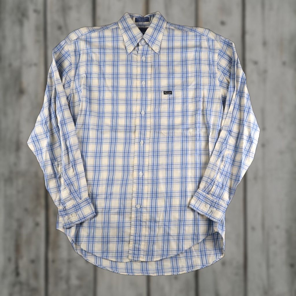 Faconnable Façonnable Men Blue Ivory Plaid Check Long Sleeve Cotton Shirt Sz S Made in USA Size US S / EU 44-46 / 1 - 1 Thumbnail