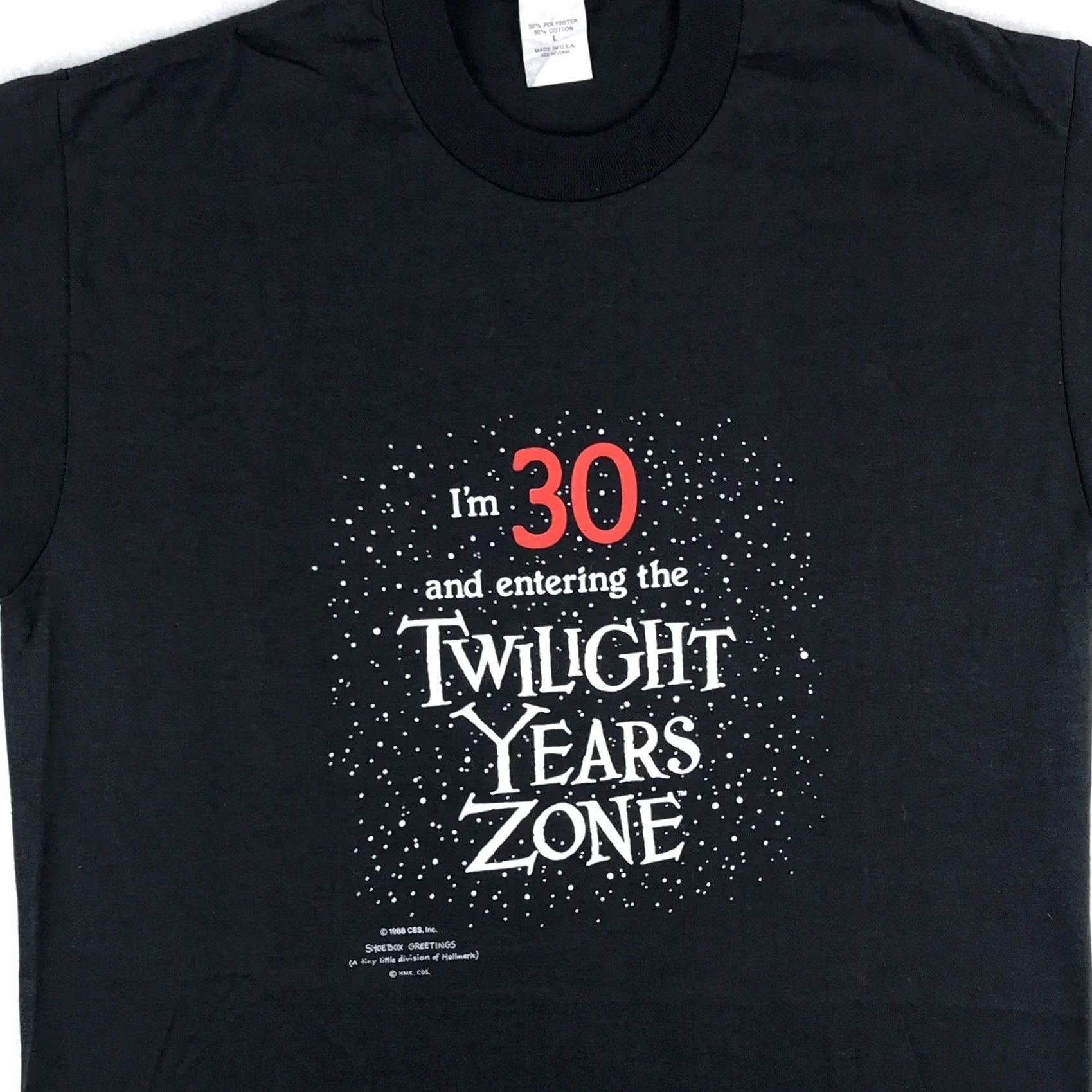 Vintage NOS vtg 80s I’M 30 & ENTERING TWILIGHT YEARS ZONE T-Shirt M joke single stitch Mens Black 80s 90s Birthday Funny Hallmark Vintage NOS Deadstock Tee Size US M / EU 48-50 / 2 - 5 Thumbnail
