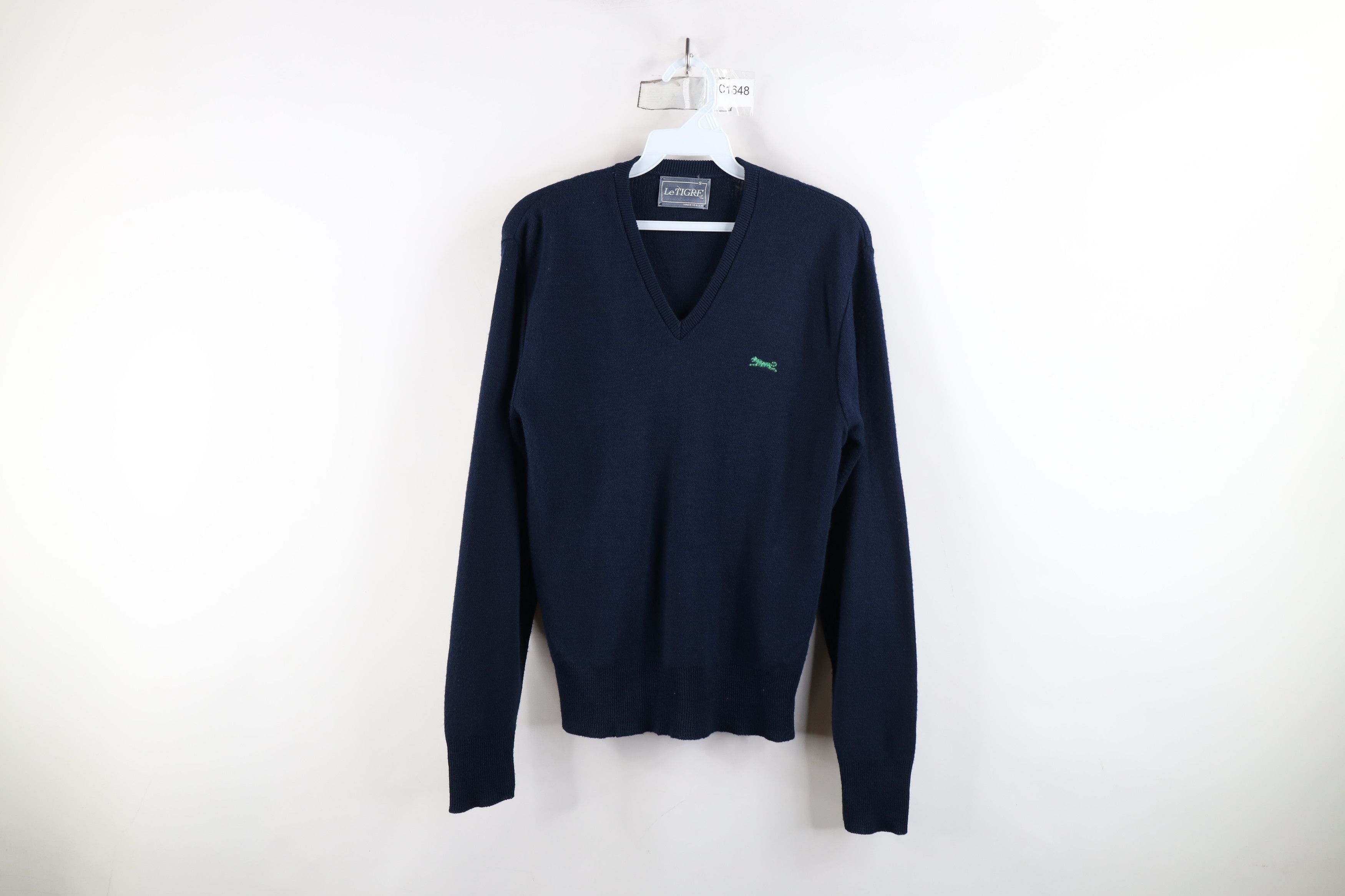 Vintage Vintage 90s Streetwear Knit V-Neck Sweater Navy Blue USA Size US S / EU 44-46 / 1 - 1 Thumbnail