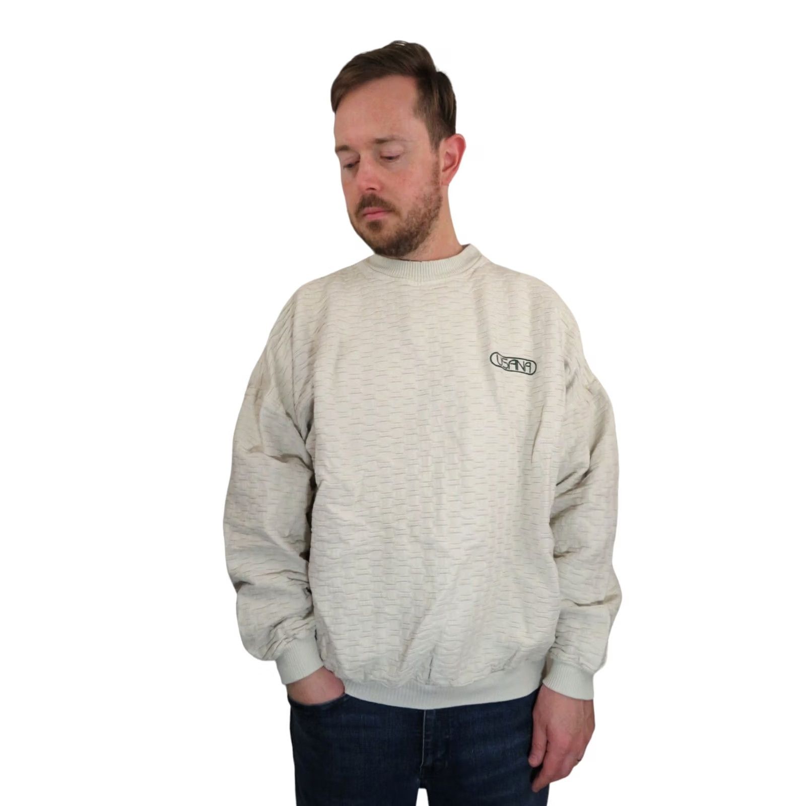 Vintage VINTAGE Timeout Sweatshirt Crew Neck XL USANA Textured 90s Logo Embroidered Beige Men’s Size XL Size US XL / EU 56 / 4 - 2 Thumbnail