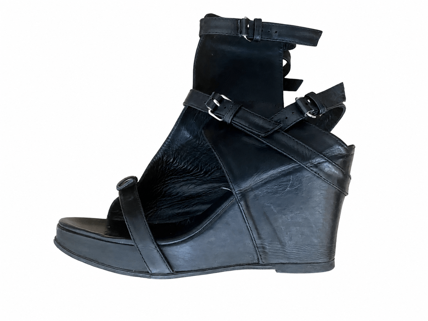 Ann Demeulemeester Ann Demeulemeester Black Leather Strappy Wedge Sandals Size US 8 / IT 38 - 8 Thumbnail