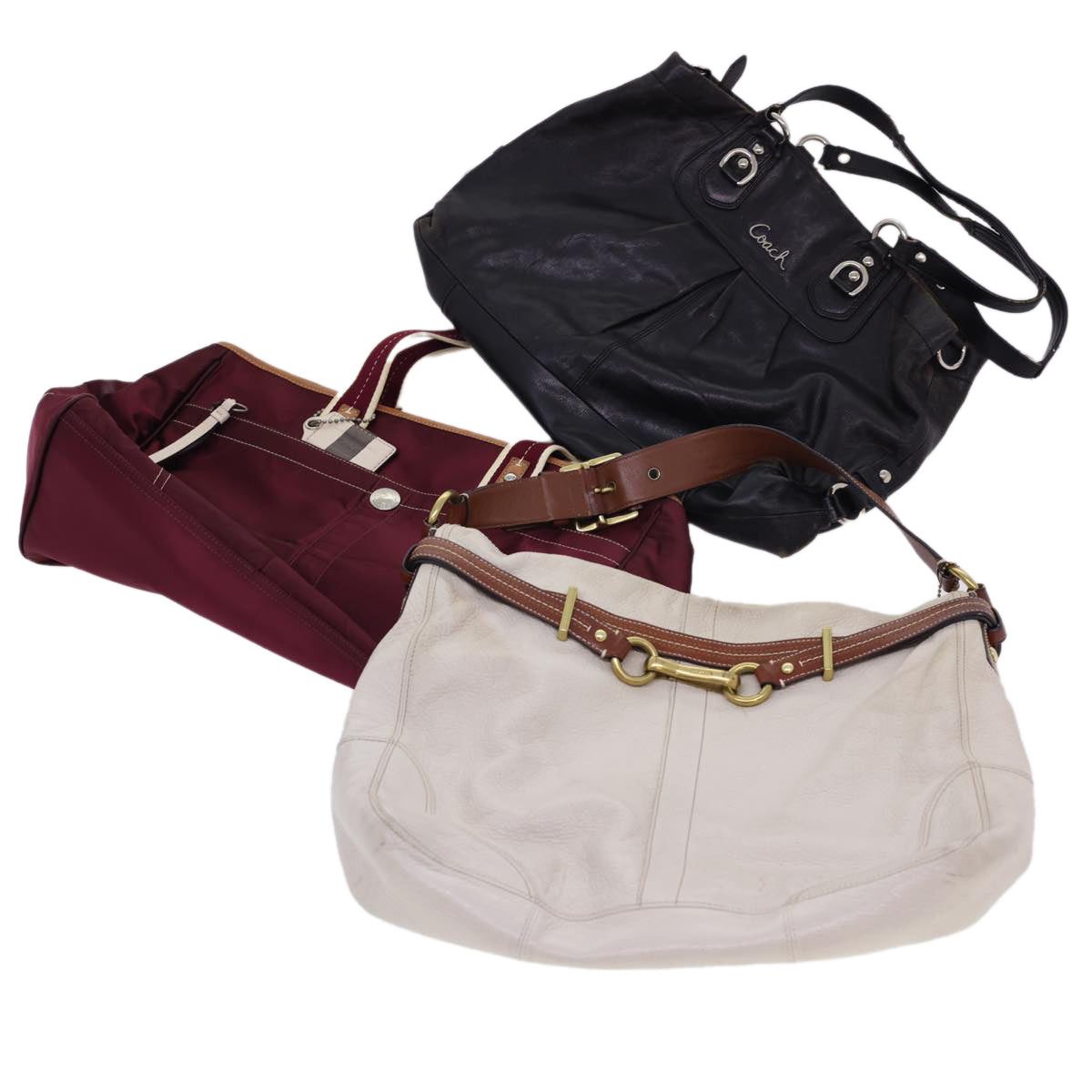 image of Coach Shoulder Bag Leather Satin 3Set White Black Wine Red Auth 39851, Women's