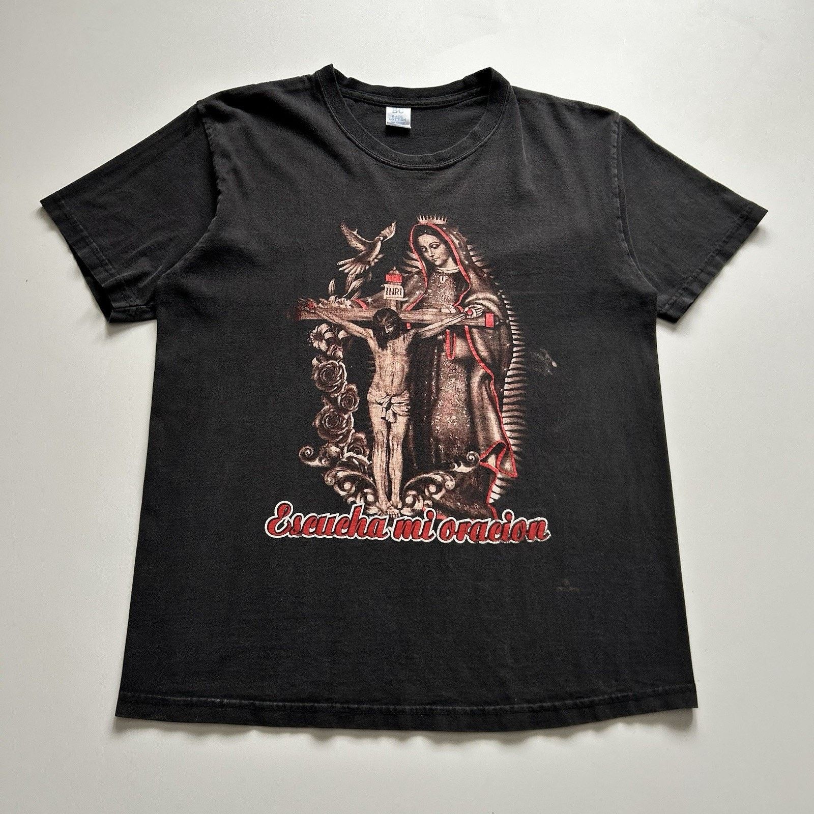 Vintage Jesus Shirt Medium Virgin Mary God Cross Faded Black