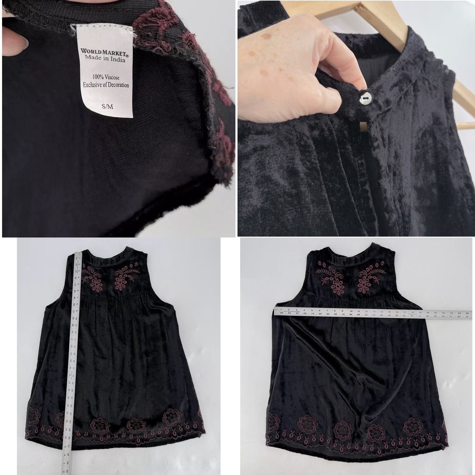 Vintage World Market Women’s Black Embroidered Velour Sleeveless Blouse S/M Boho Shirt Women Vintage No Size S / US 4 / IT 40 - 8 Thumbnail