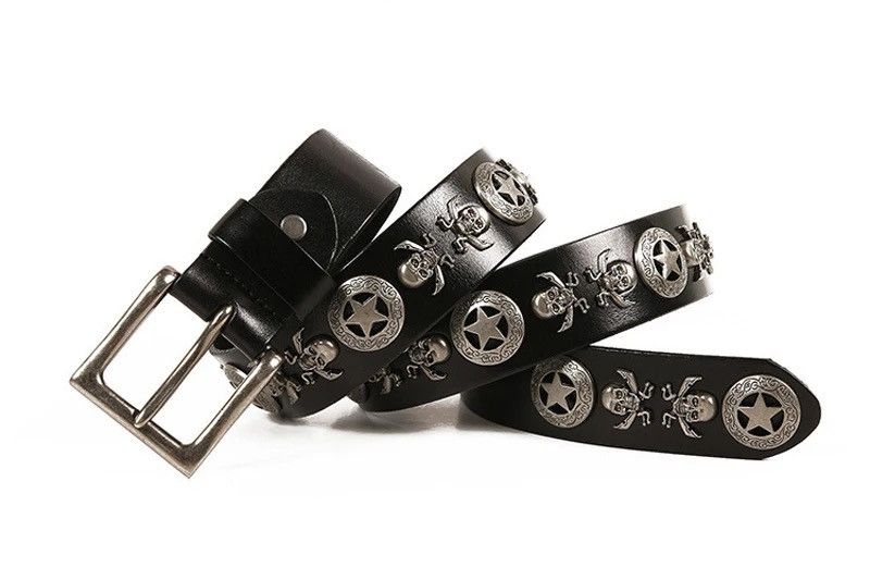 image of Leather Punk Belts Skull Rivet Studded Belts in Black, Men's