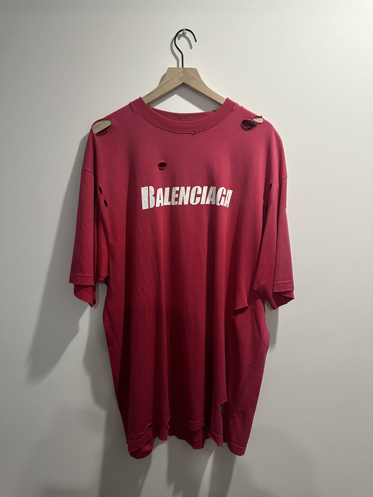 image of Balenciaga Distressed Logo-Print Tee in Red, Men's (Size XS)