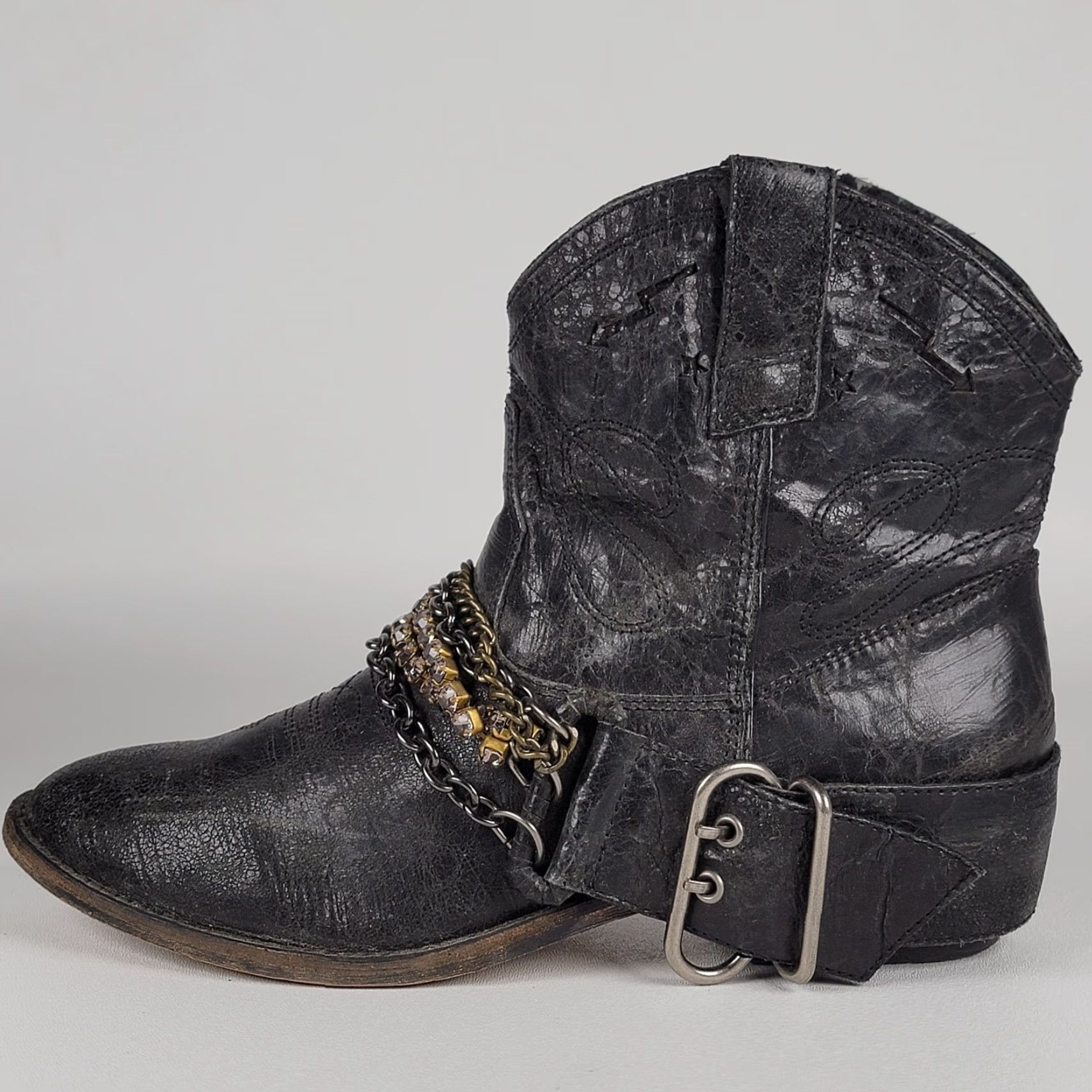 Steve Madden Steve Madden Brasko Women Cowboy Bootie Leather Chains Rhinestones Festival 8.5 Black Leather Bootie Cowboy Womens 8.5 Size ONE SIZE - 6 Thumbnail