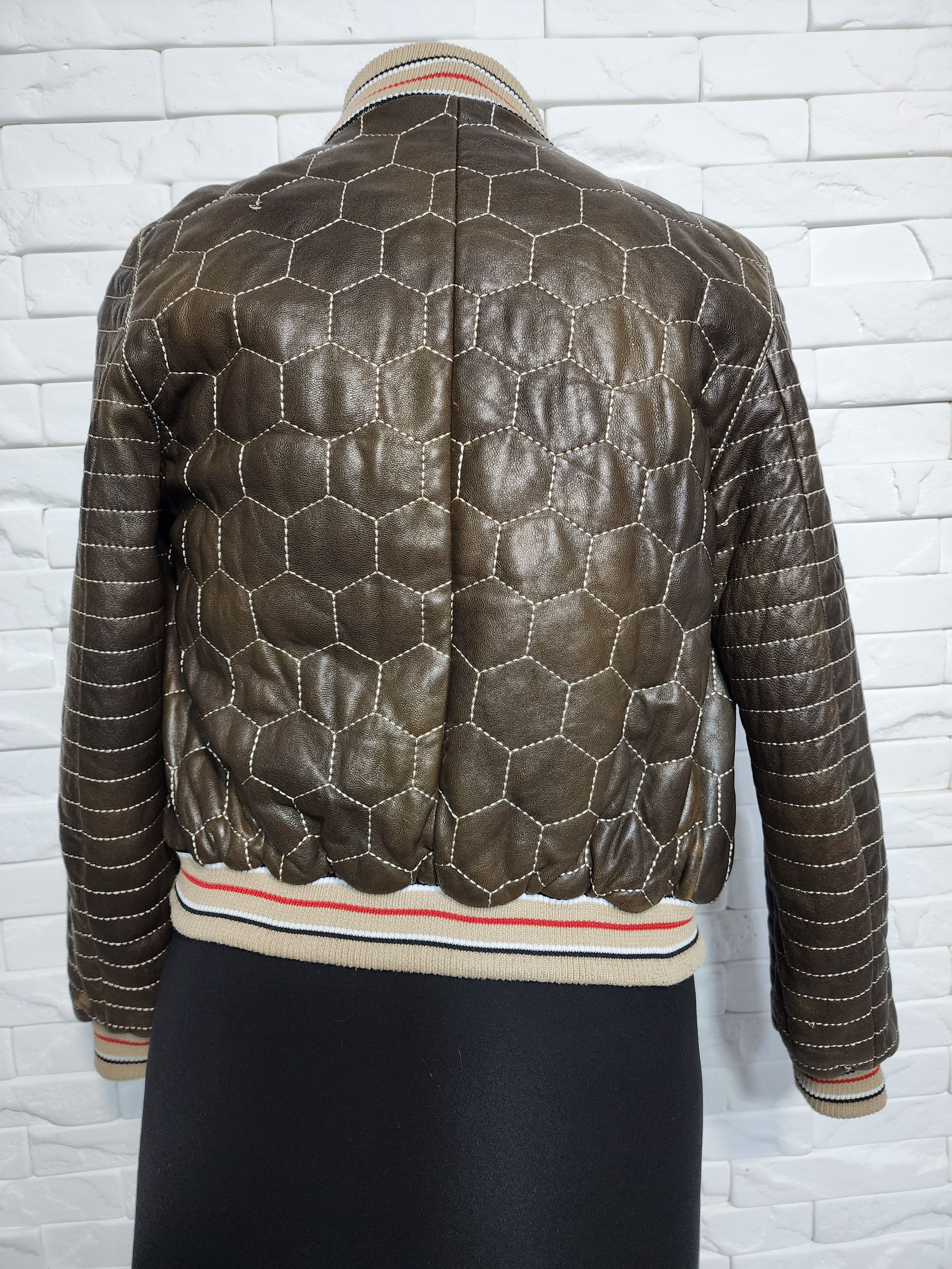 Uniqlo Brown Leather Jacket: Women's Zip-Up Bomber with Knit Trim Size XS / US 0-2 / IT 36-38 - 4 Thumbnail