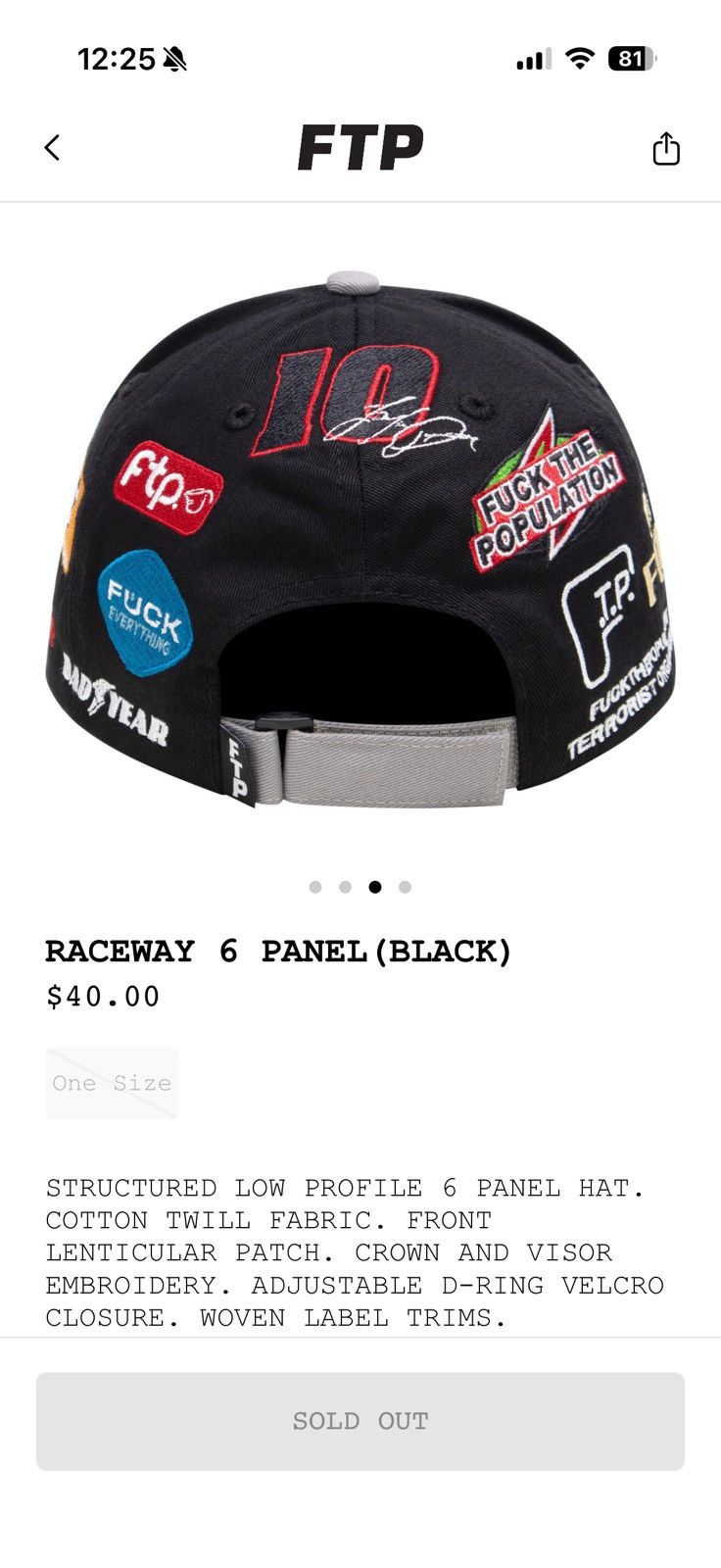 Fuck The Population FTP Raceway 6 Panel Hat Size ONE SIZE - 3 Thumbnail