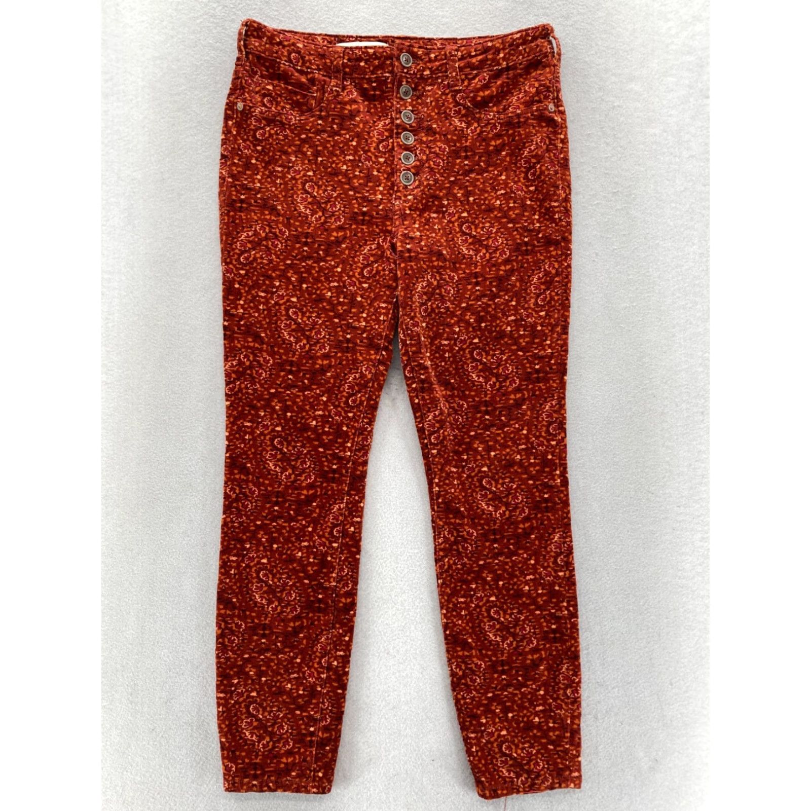 Vintage Pilcro Skinny Corduroy Pants Women's 31 Red Floral Button Fly Boyfriend Boho Slim Ankle Cotton Spandex Size 24" / US 00 / IT 34 - 2 Thumbnail
