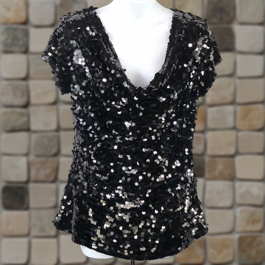 Incu INC Blouse Shirt M Black Sequins Draped Cowl Neck Evening Party Cocktail Top Size M / US 6-8 / IT 42-44 - 1 Thumbnail