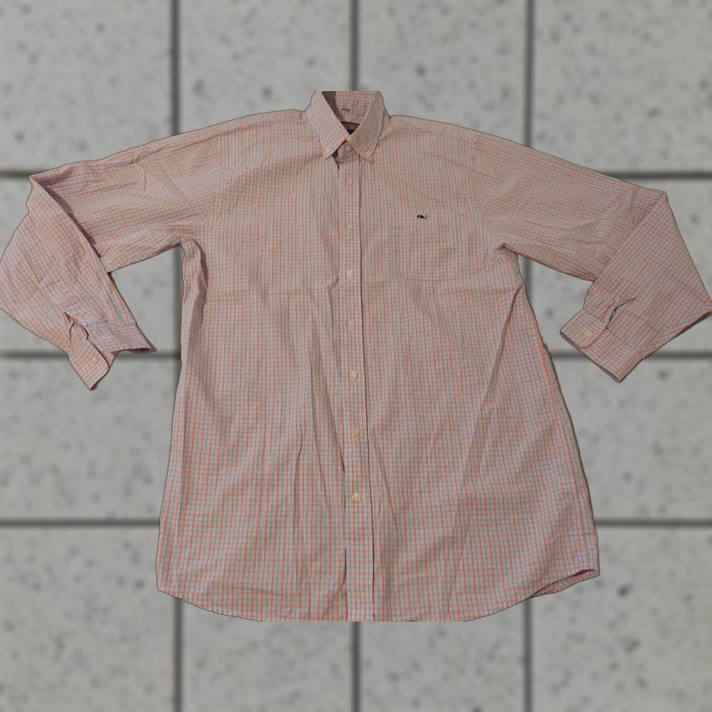 Vineyard Vines Vineyard Vines Shirt XL Men Button-Up Long Sleeve Linen Orange Blue Cotton Dress Shirt Size 46R - 1 Thumbnail