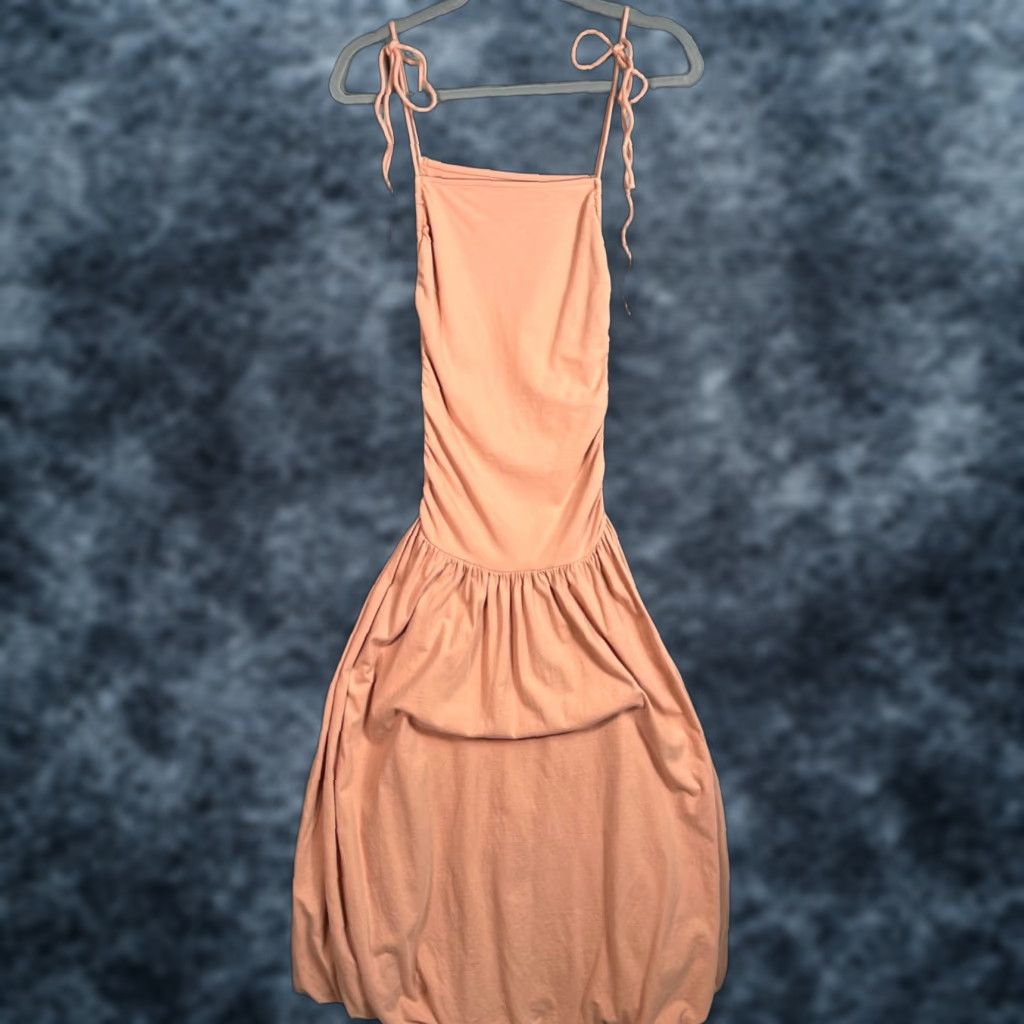 VINTAGE FP Beach Maxi Dress Women XS Peach Ruched Cotton Blend Midi 90s Event Womens