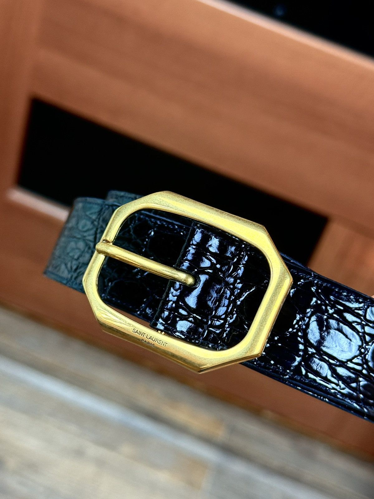 Saint Laurent Paris Saint Laurent Frame Thin Belt Crocodile Embossed Belt Size ONE SIZE - 4 Thumbnail