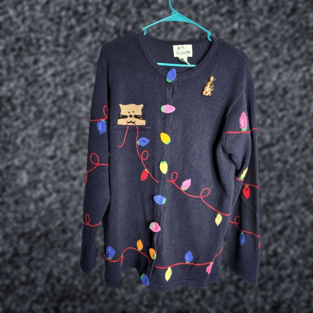 Quacker Factory VINTAGE Quacker Factory Cat Holiday Light Sweater Cardigan Woman's M Blue Knit Casual Ugly Christmas Theme Womens M Cat Christmas Holiday Cardigan Size M / US 6-8 / IT 42-44 - 1 Thumbnail