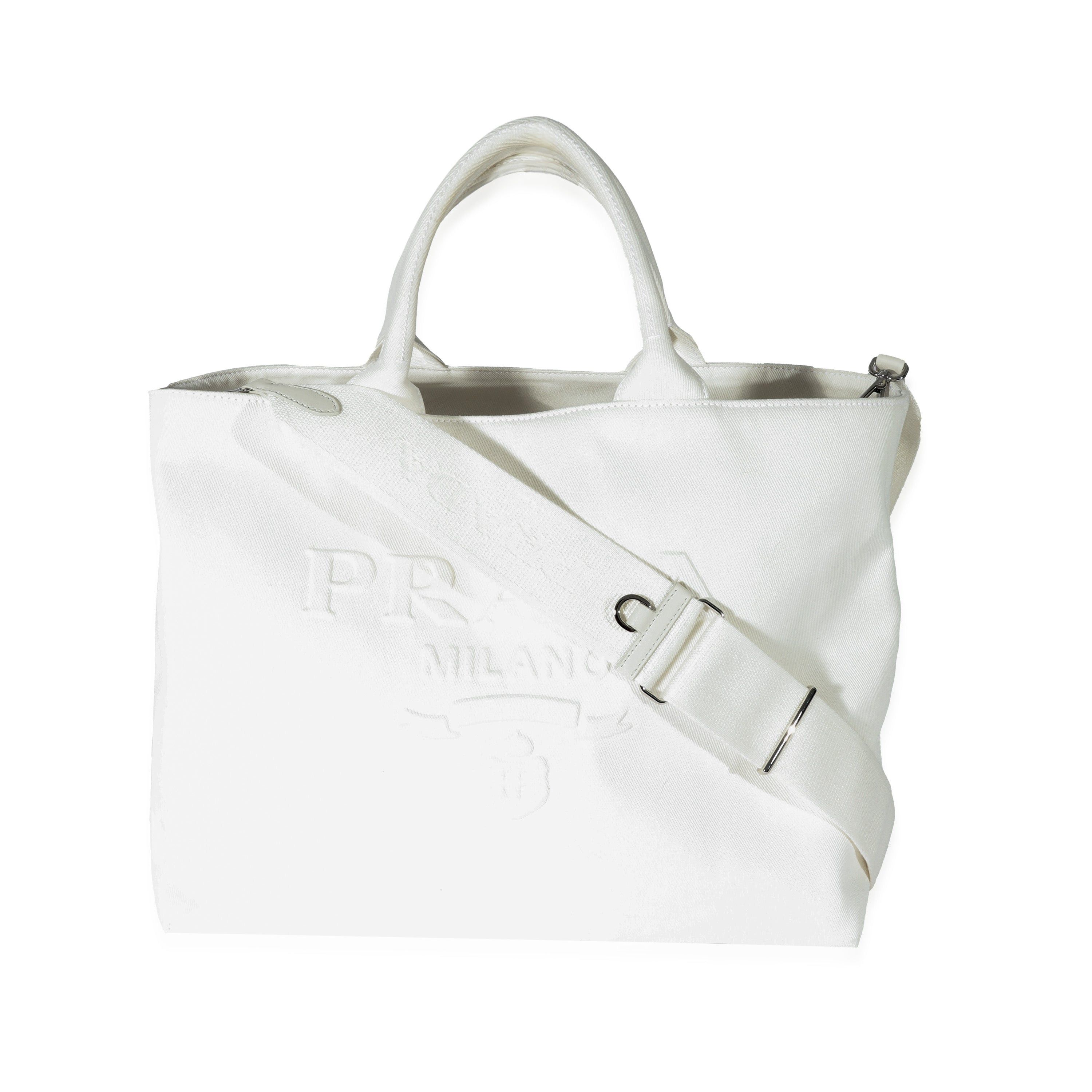 image of Prada White Canvas Medium Embossed Drill Tote, Women's