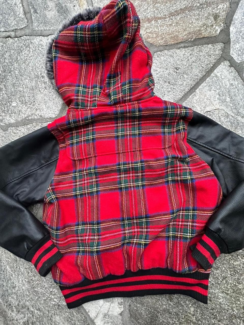 Smoke Rise Red plaid varsity jacket with fur hood and leather sleeves. Size S / US 4 / IT 40 - 2 Thumbnail