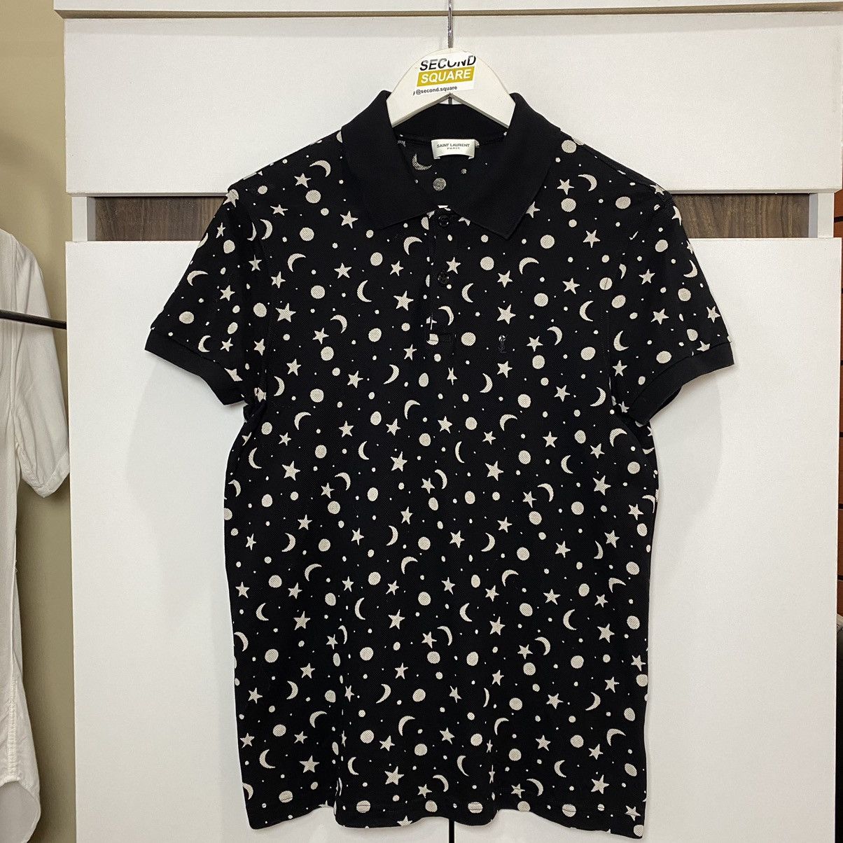 image of Designer Saint Laurent Star And Moon Polo Slimfit Stretch Size M in Black, Men's