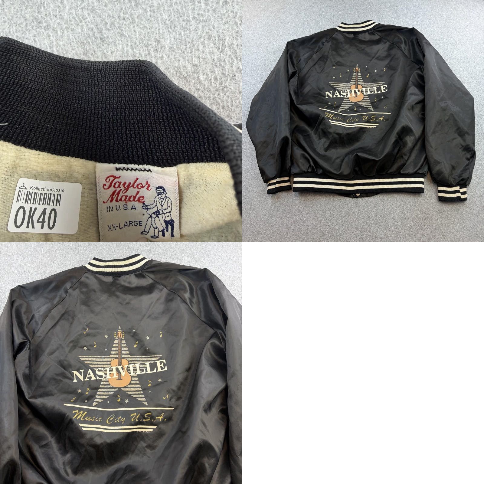TaylorMade VINTAGE Taylor Made Nashville Music City Jacket Mens 2XL Black Satin Varsity USA Adult Short Snap Front Size US XXL / EU 58 / 5 - 9 Thumbnail